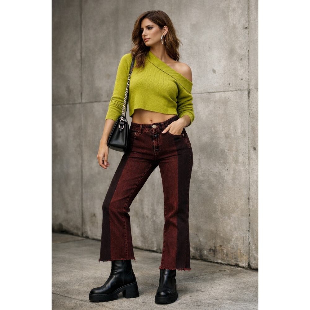 CLOSED Glow Two‑Tone Straight Cropped Jeans — 28 Burgundy & Black Italian Denim